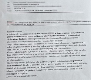 Zdjęcie przedstawia podziękowanie o treści: &amp;quot;Podziękowanie za odzyskanie mienia Szkoły Podstawowej 

UWAGA: Ten e-mail pochodzi spoza organizacji. Nic klikaj żadnych linków ani nie otwieraj załączników jeśli ne ufasz nadawcy i nie wiesz, czy zawartość jest bezpieczna
Szanowni Państwo, w imieniu całej społeczności Szkoły Podstawowej w Sosnowcu pragnę złożyć serdeczne podziękowania dla funkcjonariuszy Komisariatu Policji II w Sosnowcu za profesjonalne i błyskawiczne działania, które doprowadziły do odzyskania naszej kosiarki automatycznej -urządzenia o znacznej wartości materialnej i organizacyjnej dla szkoły.

Dzięki Państwa zaangażowaniu i skuteczności, urządzenie zostało odnalezione ciągu zaledwie 12 godzin od zgłoszenia kradzieży. Jesteśmy pod ogromnym wrażeniem tempa i skuteczności działania służb cała akcja przebiegła w sposób wzorcowy i godny najwyższego uznania.
W naszej szkole kosiarka ta, nazywana przez dzieci ,,Rysiem&amp;quot;, odgrywa szczególną rolę - nie tylko dba o estetykę terenów zielonych, ale również wzbudza zainteresowanie technologią wśród najmłodszych uczniów. Jej powrót został przyjęty z entuzjazmem -to naprawdę dla nas coś więcej niż tylko urządzenie.
Chcielibyśmy również, jeśli będzie taka możliwość, zaprosić funkcjonariuszy na spotkanie z uczniami klas 1-3. Byłaby to znakomita okazja, by dzieci mogły z bliska poznać zawód policjanta, dowiedzieć się więcej o codziennej pracy funkcjonariuszy i porozmawiać o tak imponującym sukcesie. Gwarantuję, że spotkanie cieszyłoby się dużym zainteresowaniem i byłoby dla dzieci inspirującym przeżyciem.
Z wyrazami szacunku i wdzięczności.&amp;quot;